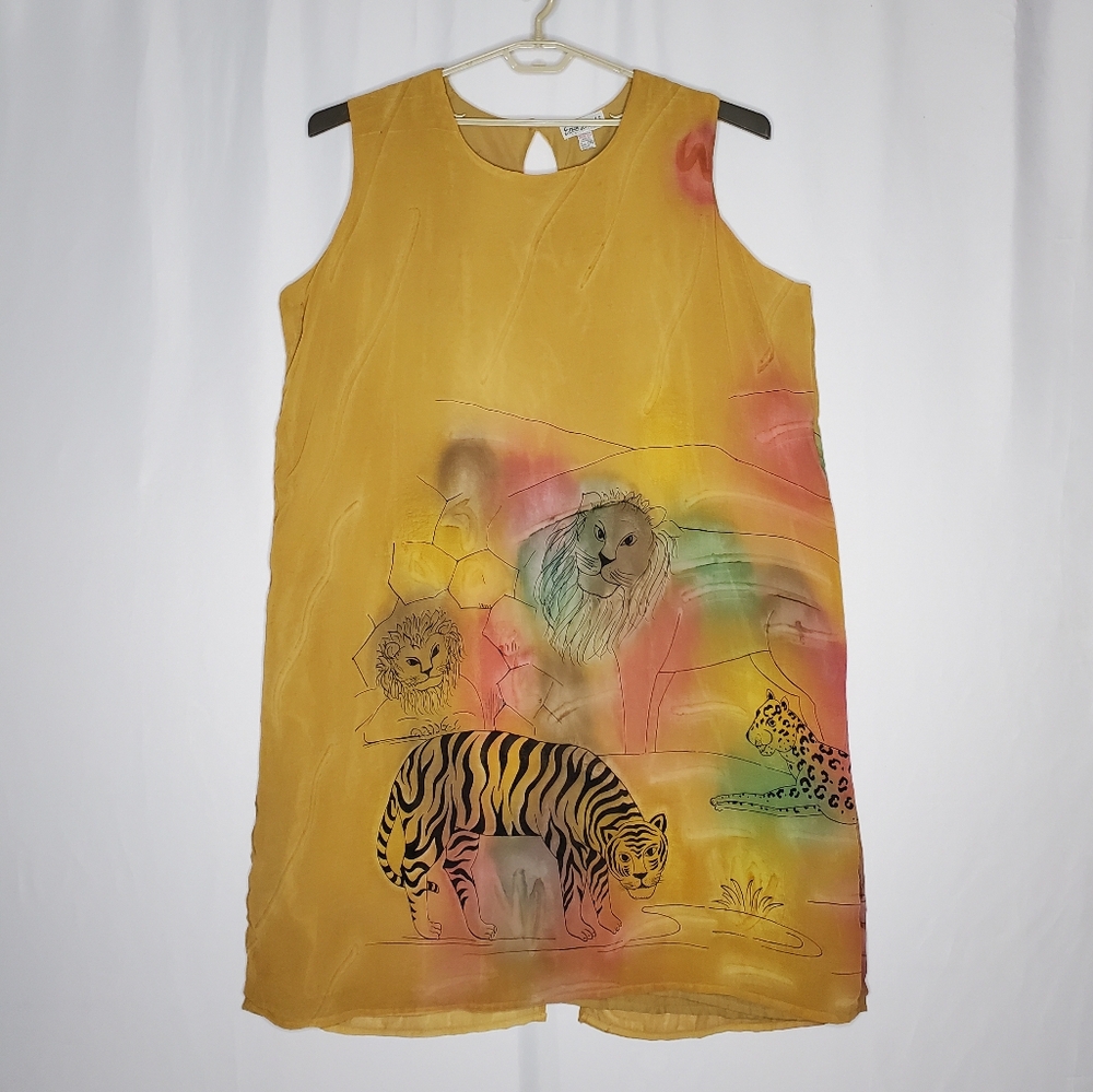 Erica Brooke Dress Plus 34 90s Gold Gauze African Lined Chiffon Shift Sleeveless